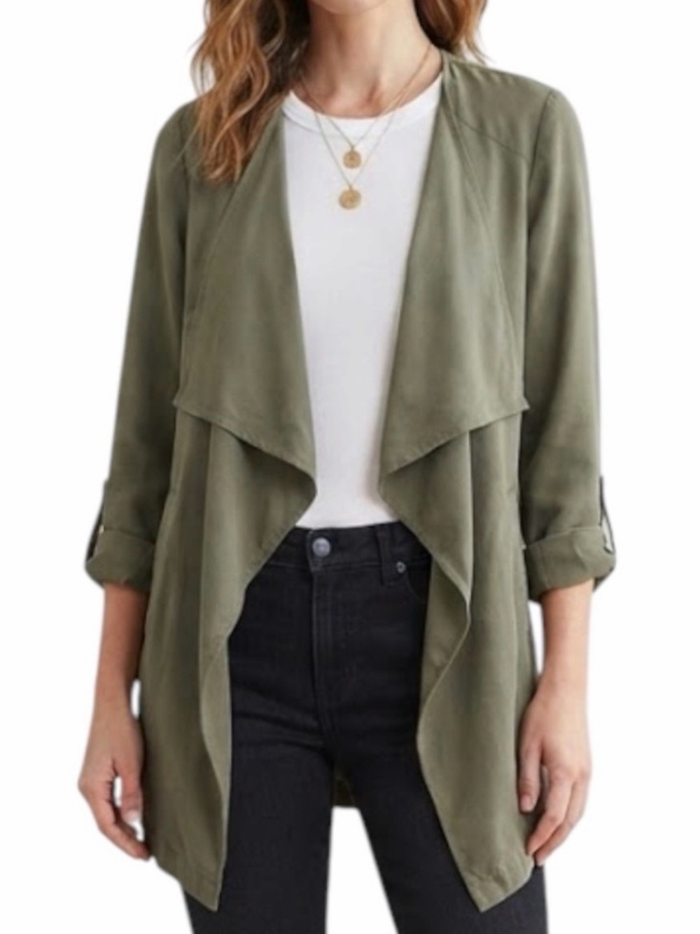 MATTESON Olive Green Tencel Waterfall Open Front Draped Jacket S